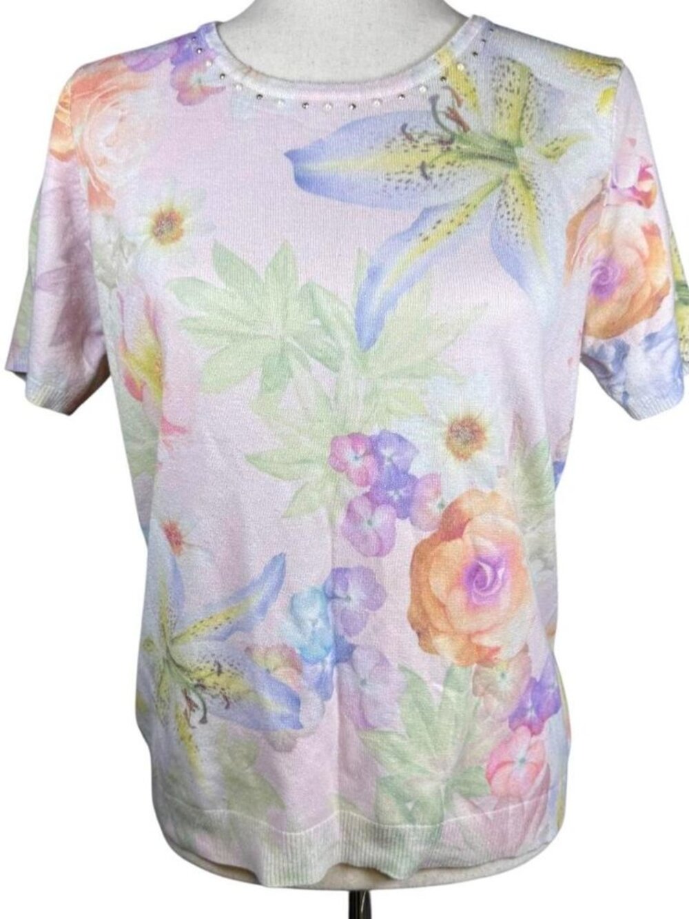 Alfred Dunner pastel soft embellished floral sweater t-shirt blouse